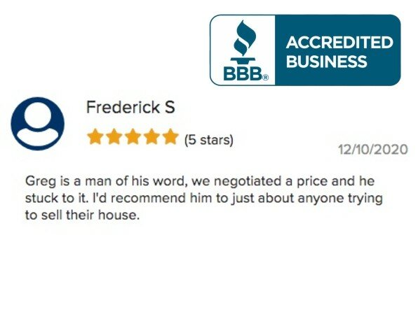 Screenshot of a 5-Star BBB Review of Greg Buys Houses from Frederick S.
