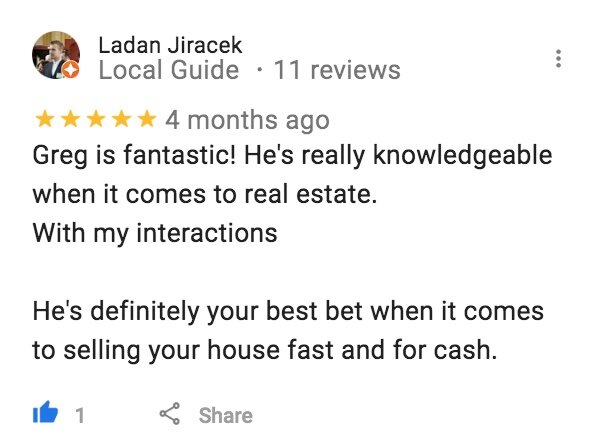 Screenshot of a 5-Star Google Review of Greg Buys Houses from Ladan Jiracek.