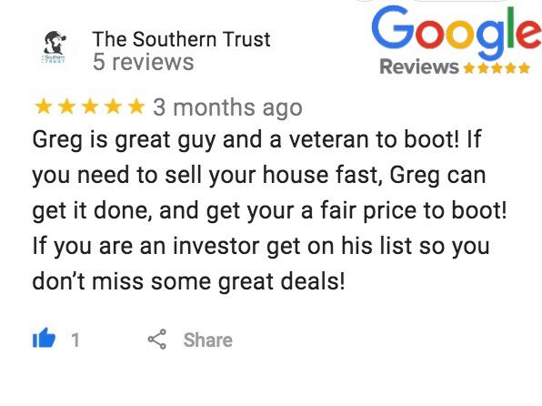 Screenshot of a 5-Star Google Review of Greg Buys Houses from The Southern Trust.