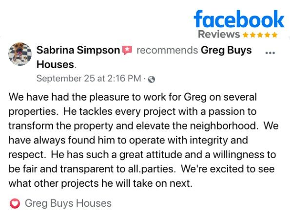 Screenshot of a 5-Star Facebook Review of Greg Buys Houses from Sabrina Simpson.