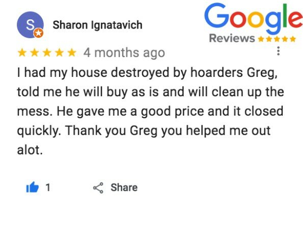 Screenshot of a 5-Star Facebook Review of Greg Buys Houses from Sharon Ignatavich.