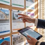 a person in a suit holding a mobile tablet and pointing at real estate listings on a cork board