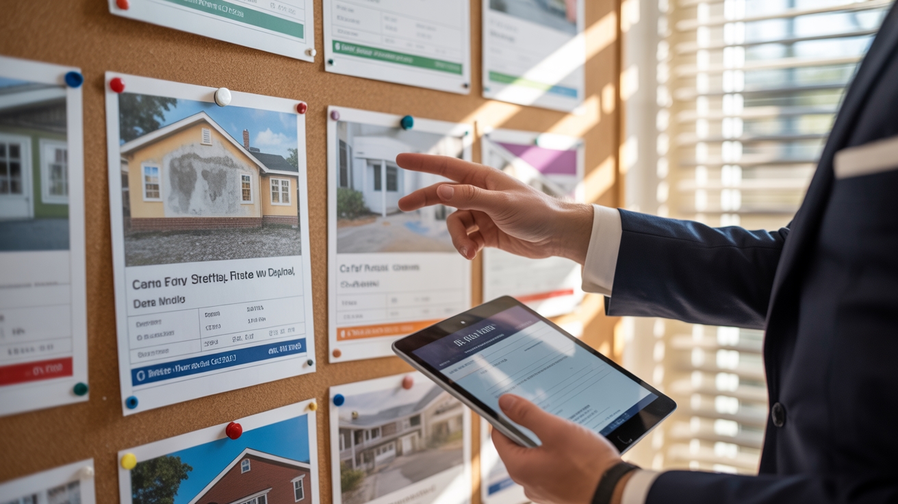 a person in a suit holding a mobile tablet and pointing at real estate listings on a cork board