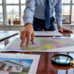 a person with a blue shirt and tie leaning over a table and pointing to a colored map