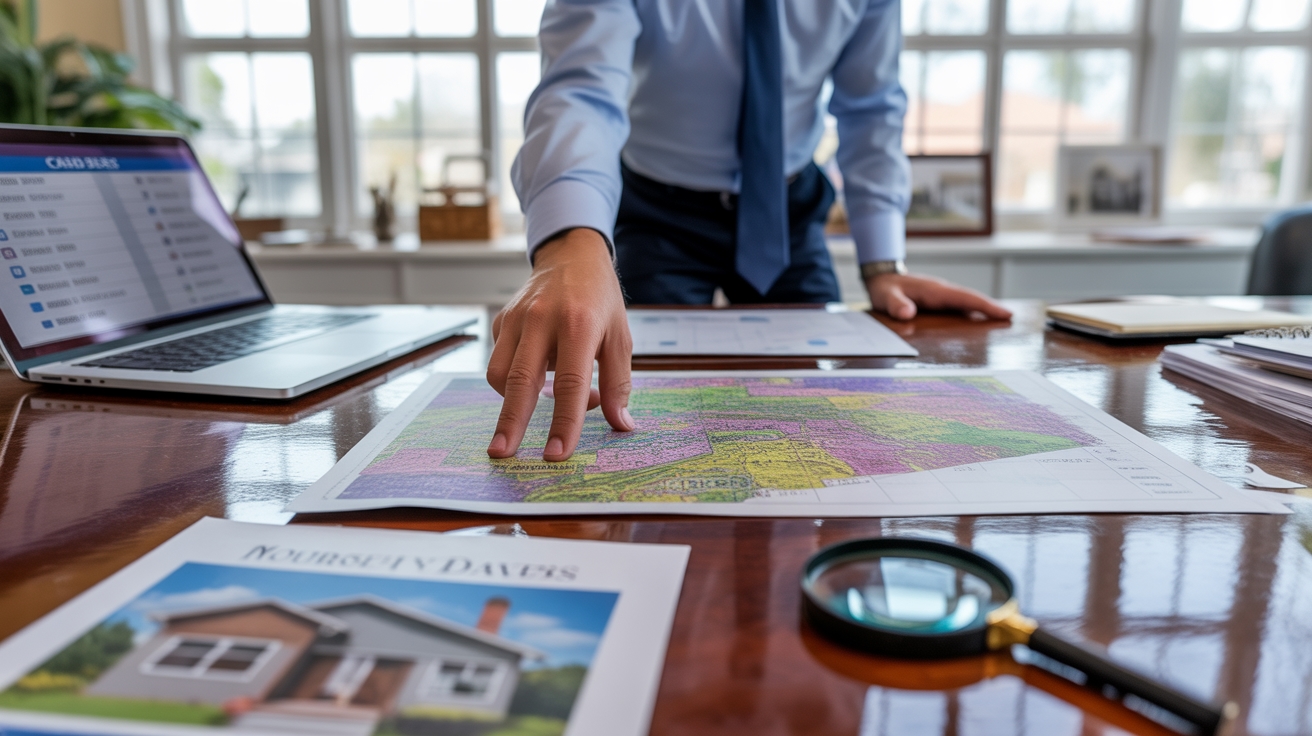 a person with a blue shirt and tie leaning over a table and pointing to a colored map