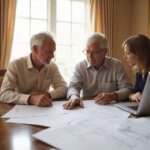 two older gentlemen discussing plans with an open laptop in front of them and the daughter of one of them listening intently