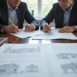 two people writing on contracts at a desk with house plans in front of them