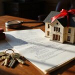 a miniature house sitting on a desk, holding a contract in place with keys to the side