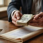a well dressed person holding a stack of cash over an old contract on a desk