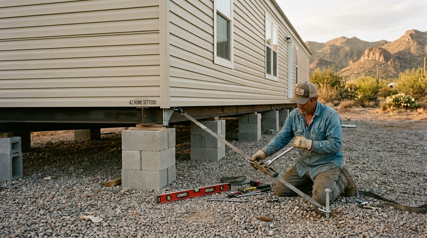 Worker attaching tie-down straps during a manufactured-home setup