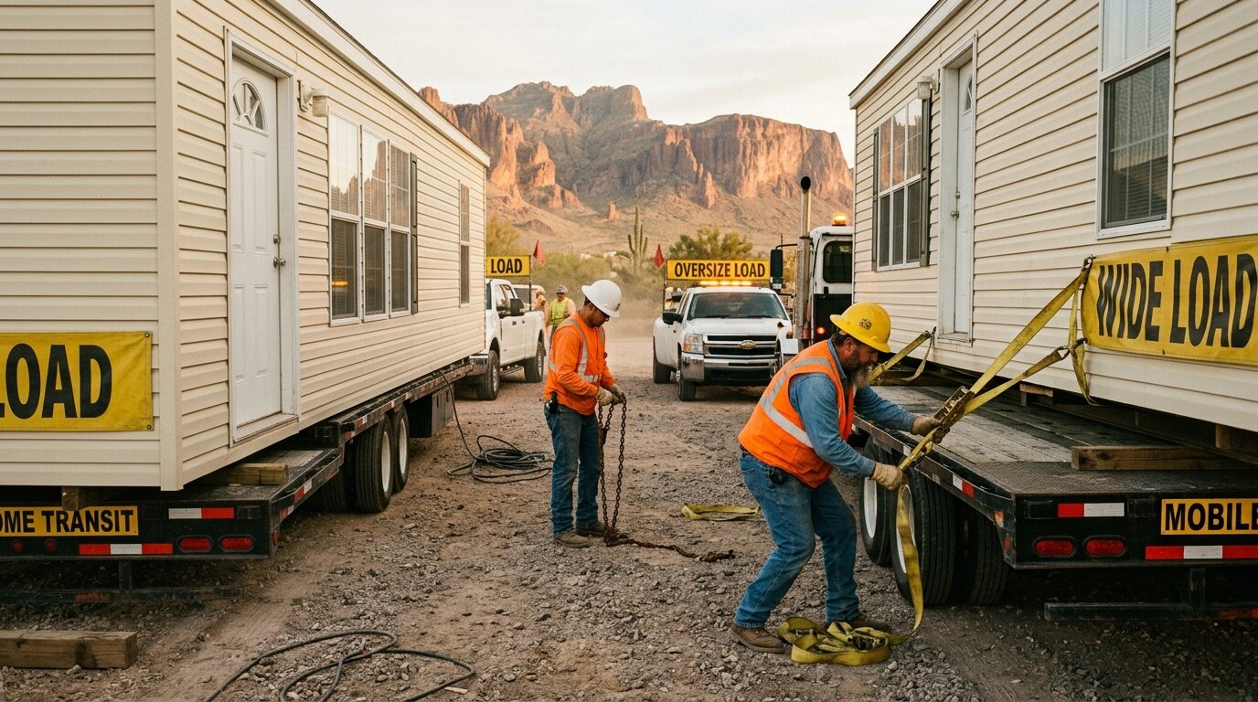 Double wide home being secured for transport
