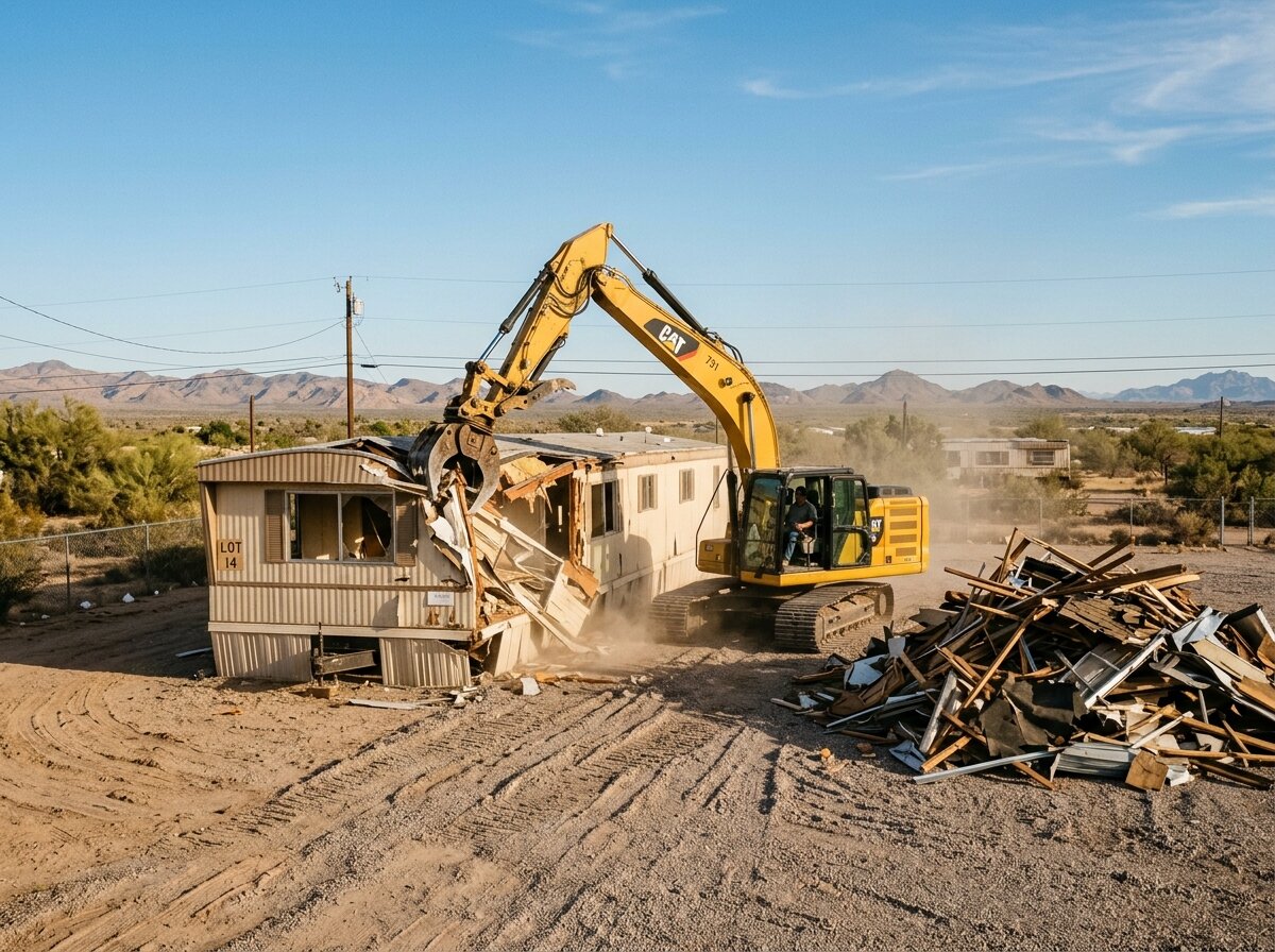 Excavator demolishing an old mobile home