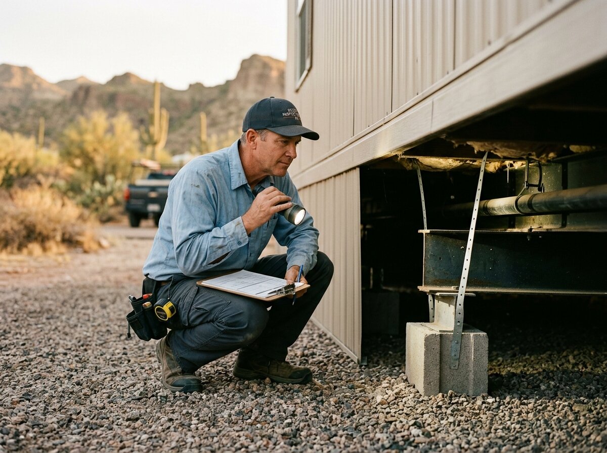 Inspector examining a mobile home foundation