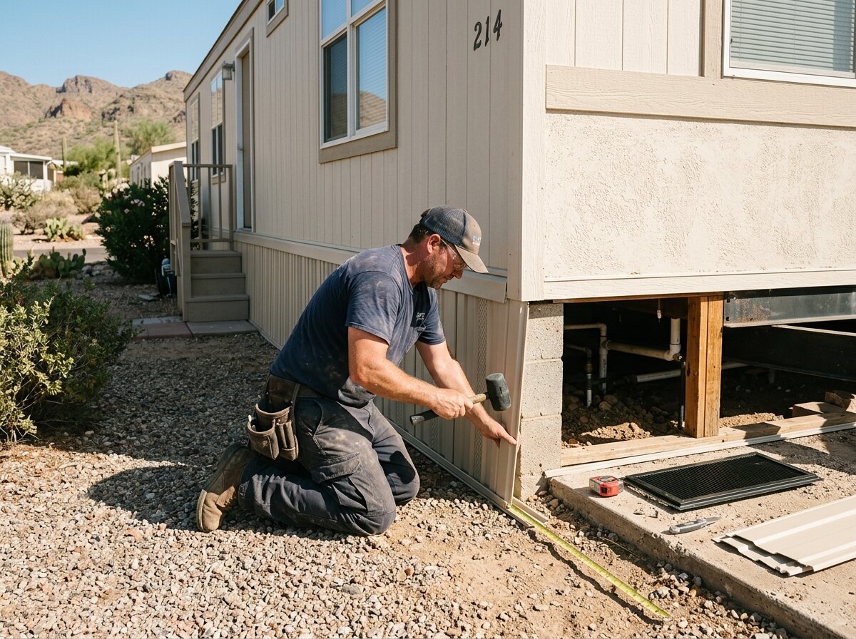 Worker installing mobile home skirting
