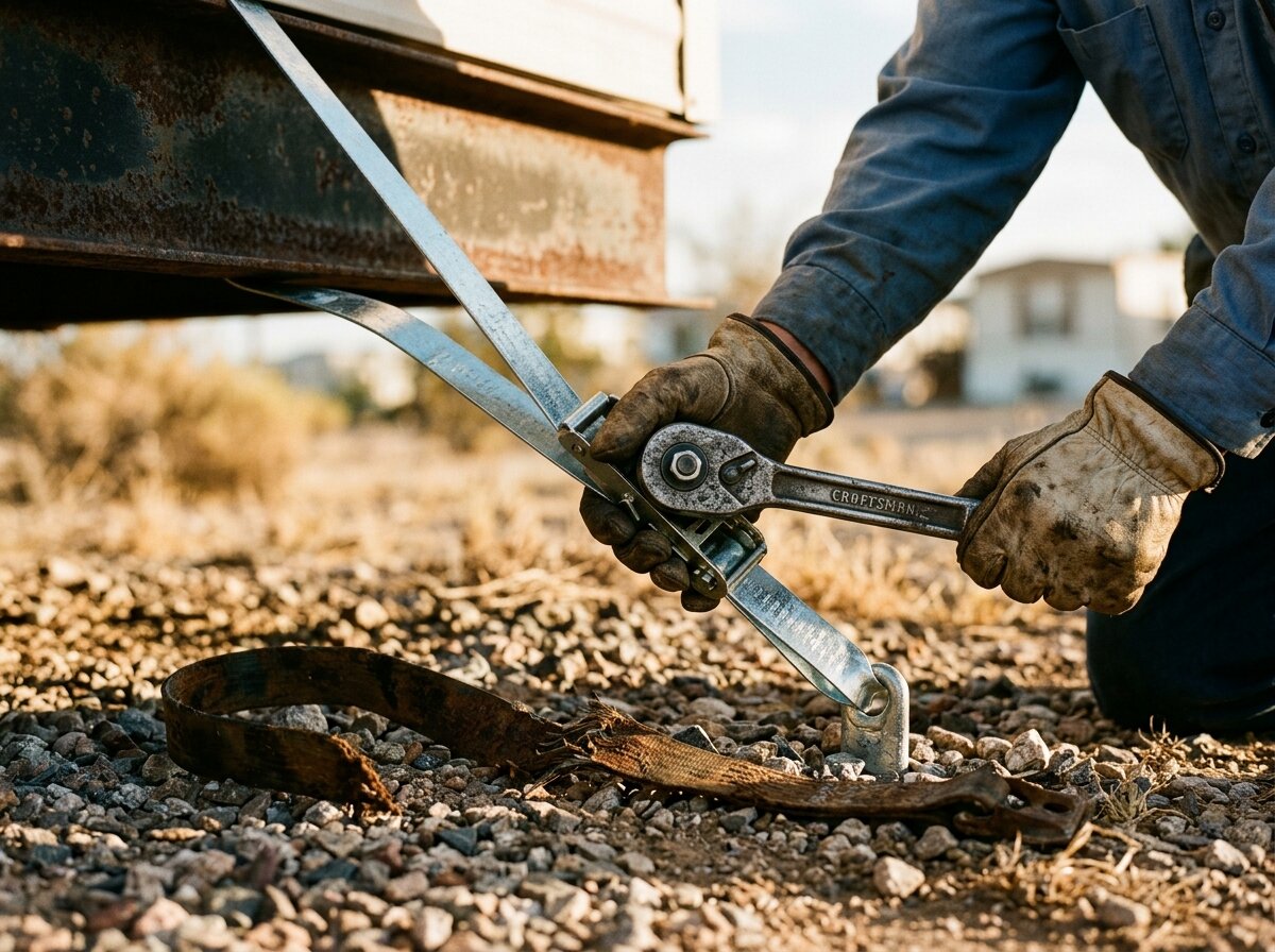 Worker tightening a mobile home tie down strap