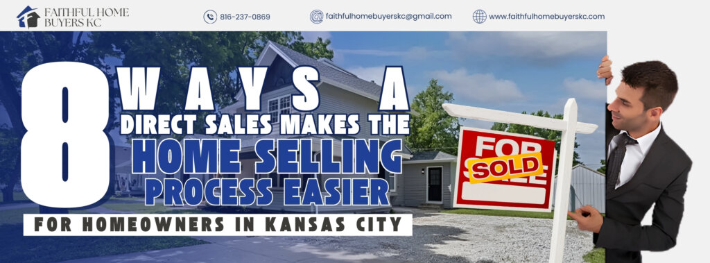 A photo of a professional-looking individual in a suit pointing towards a "For Sale" sign with "Sold" written on it, placed in front of a house. The branding and design emphasize convenience and professionalism in home sales.