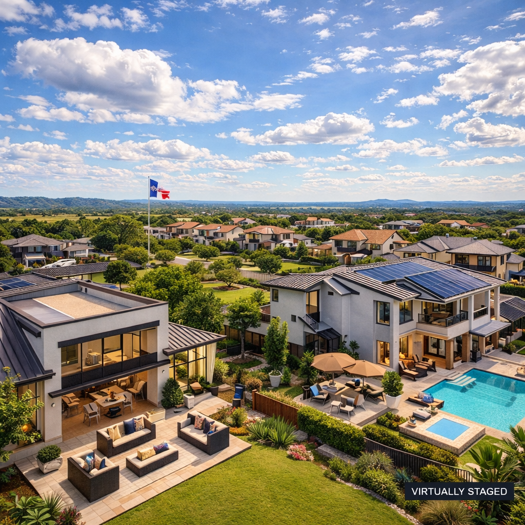 Scenic image of a stylish Texas neighborhood featuring homes with virtual and traditional staging elements, appealing to home buyers and emphasizing the Texas backdrop.