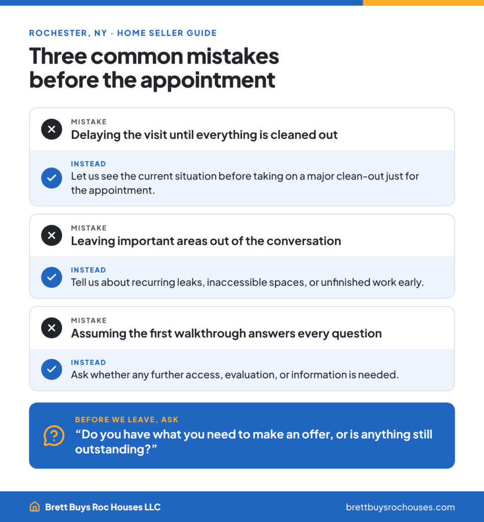 Three mistakes to avoid before a cash buyer walkthrough, plus the question to ask before the buyer leaves