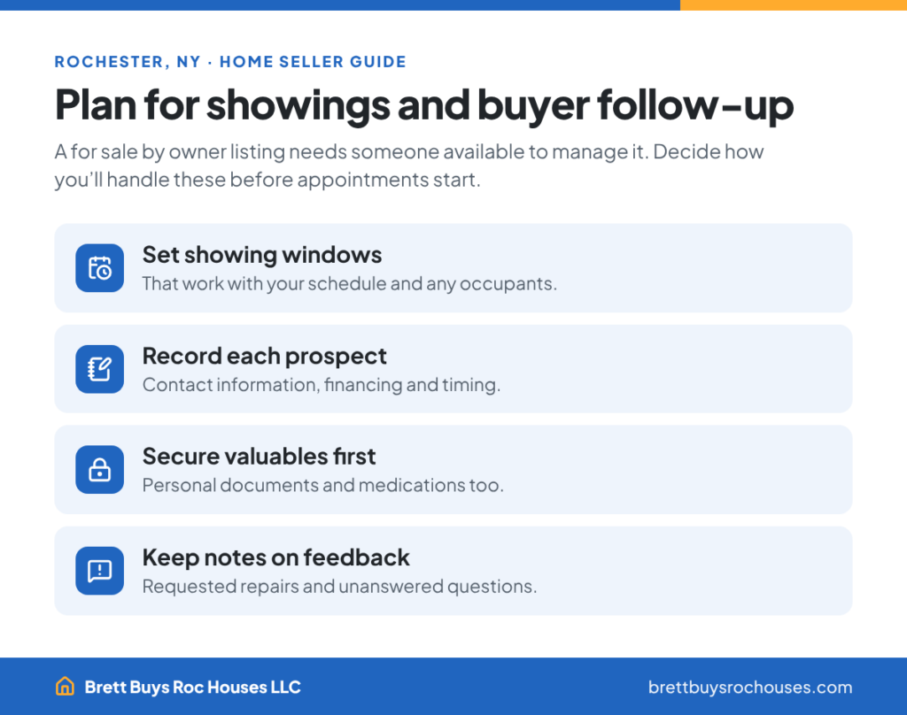FSBO showing plan: set showing windows, record each prospect, secure valuables and keep feedback notes