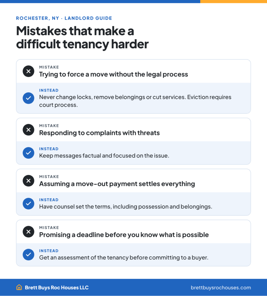 Four landlord mistakes with bad tenants, such as forcing a move without legal process, and what to do instead