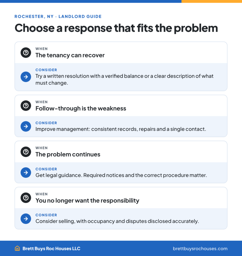 Four landlord options for a difficult tenant: written resolution, better management, legal advice or selling