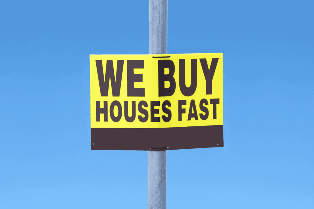 Bright yellow sign on a pole reading “We Buy Houses Fast” against a clear blue sky.