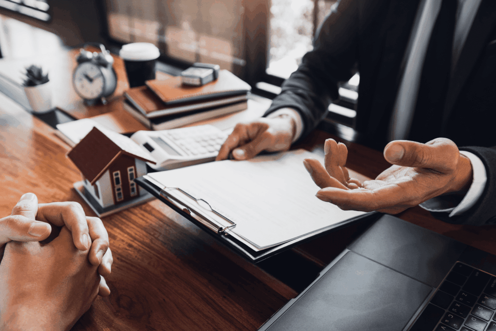 Businessperson discussing real estate contract at desk with house model.