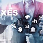 Businessperson touching virtual icons related to taxes and finance