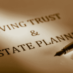 Close-up of a document titled Living Trust and Estate Planning with a pen