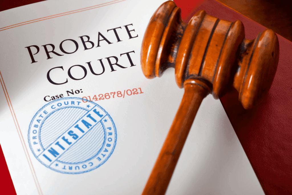 Close-up of a probate court document with a judge’s gavel resting on it.