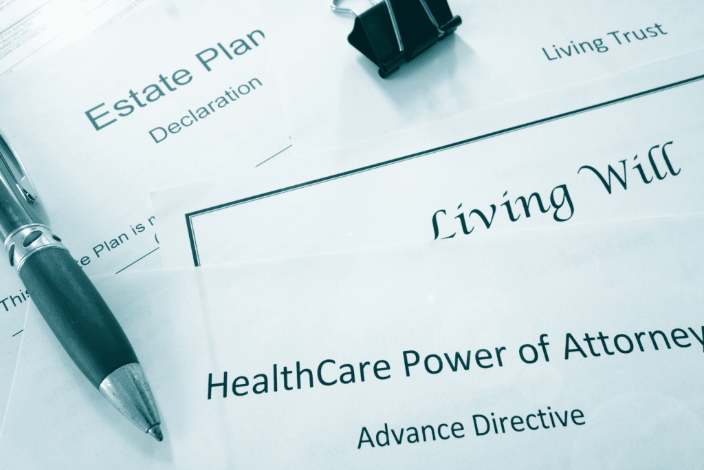 Estate planning documents, including a living will and a power of attorney.