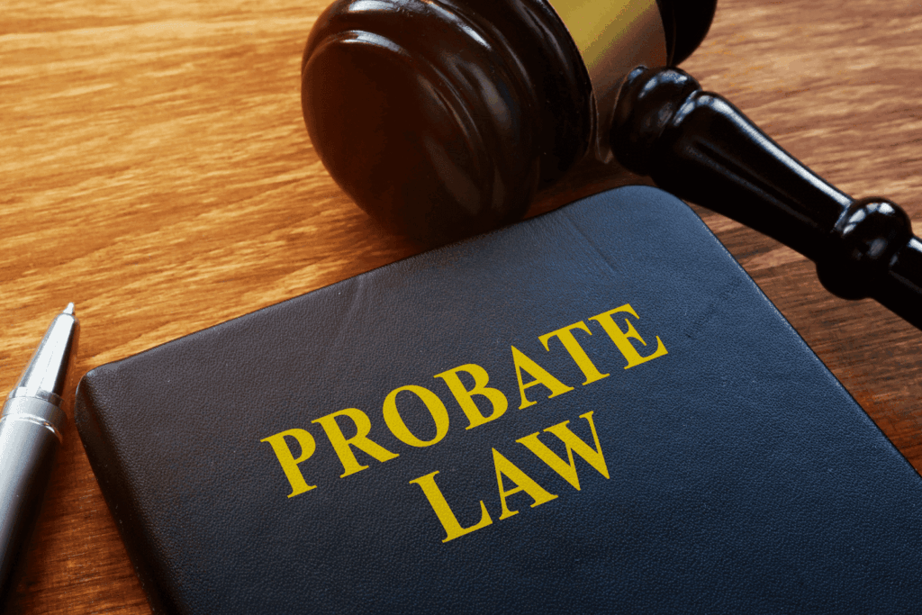 Gavel and book titled Probate Law on wooden desk.