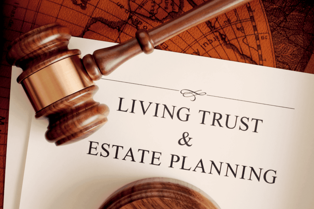 Gavel resting on a document titled Living Trust and Estate Planning.