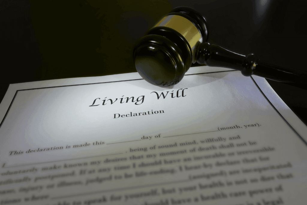Gavel resting on a legal document titled Living Will Declaration.