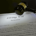 Gavel resting on a legal document titled Living Will Declaration.
