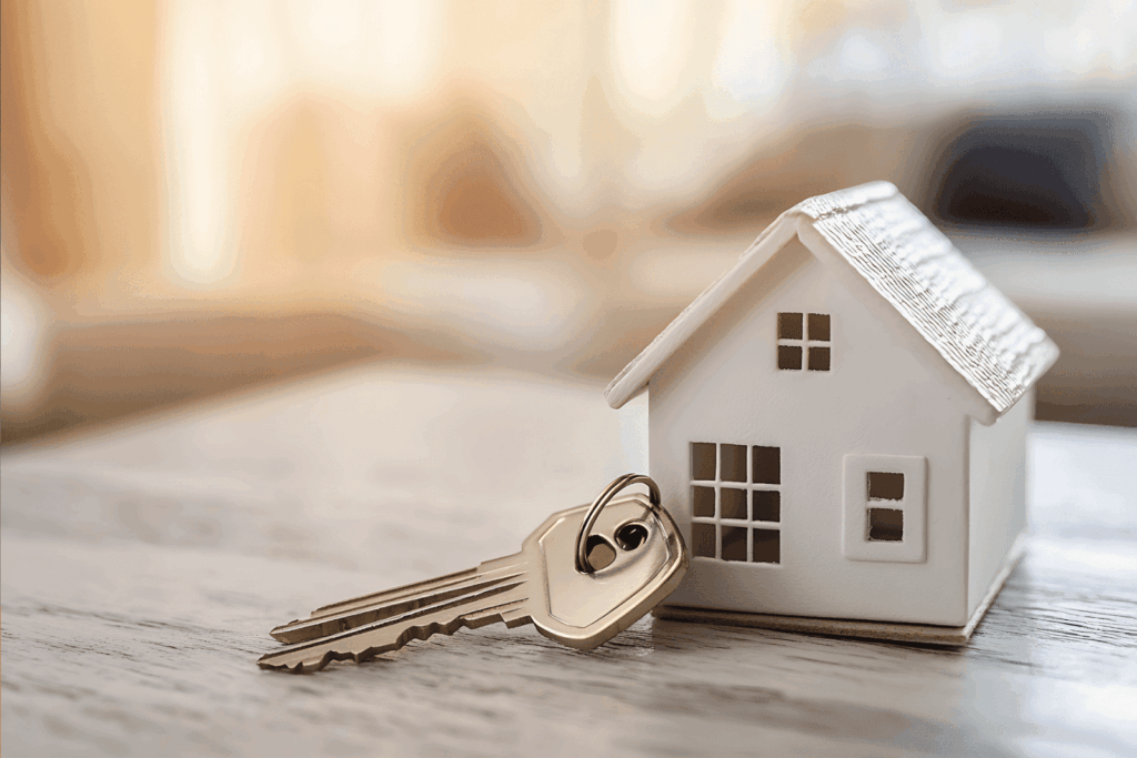 House keys lying next to a small white model house on a wooden surface.