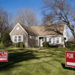 House with open house and for sale signs on front lawn.