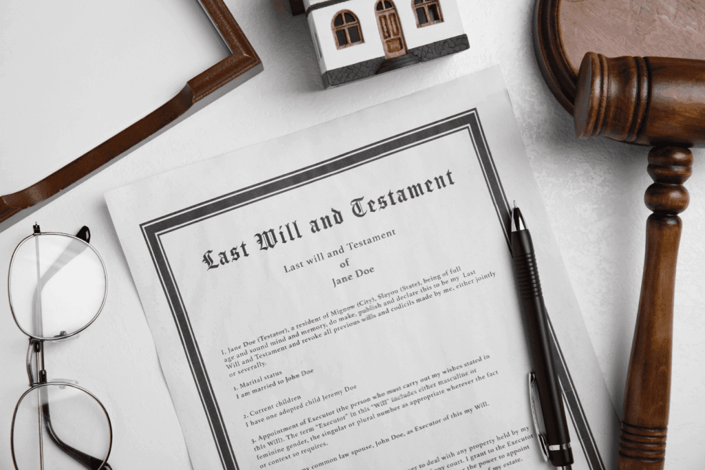Last will and testament document with pen, gavel, and eyeglasses on table