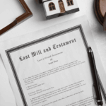Last will and testament document with pen, gavel, and eyeglasses on table