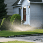 Lawn sprinkler watering grass in front of a suburban home.