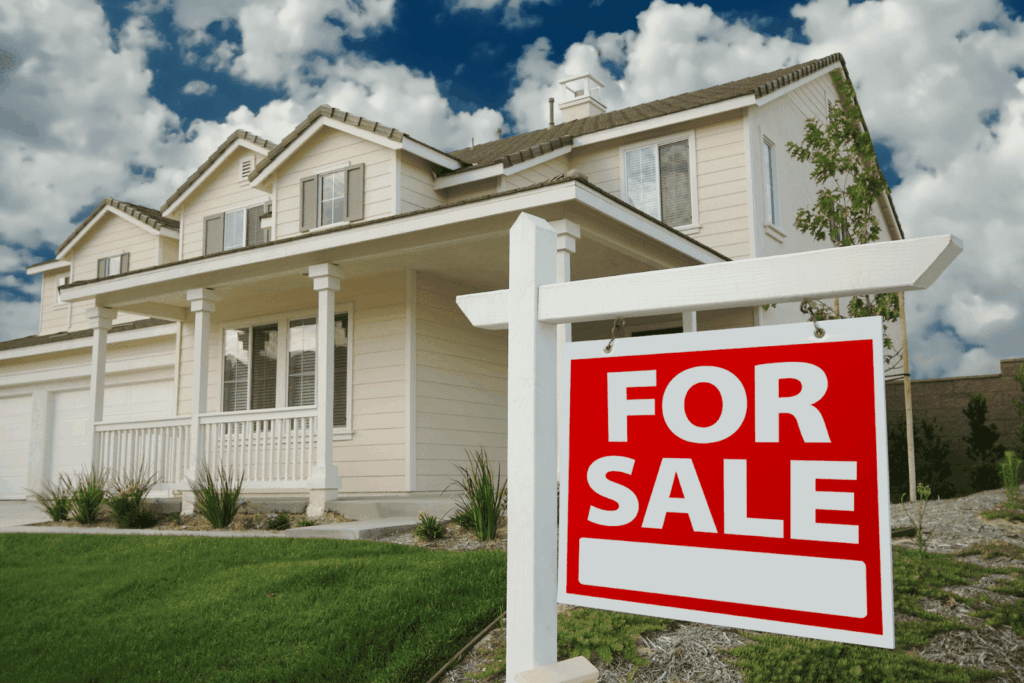 Modern beige house with red For Sale sign in front yard.