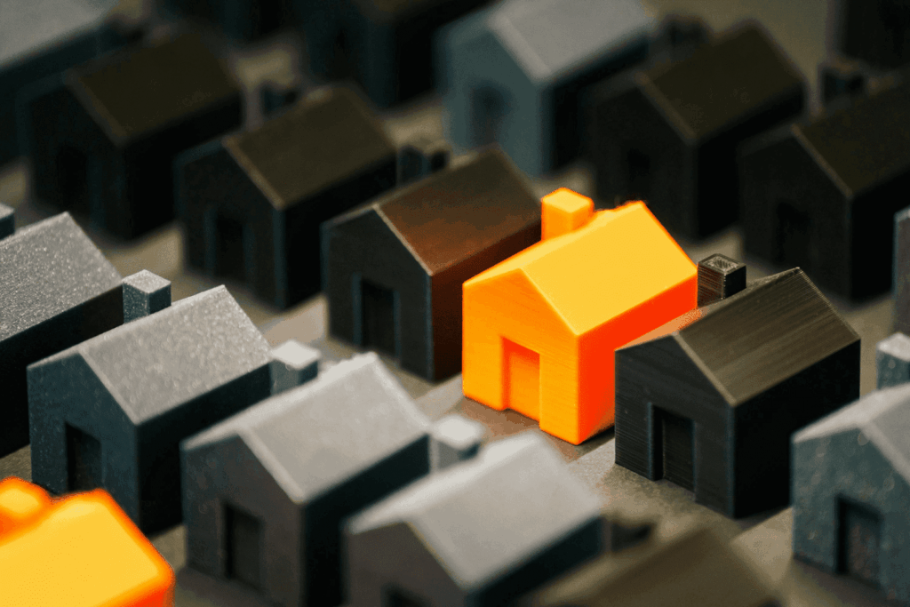 Orange model house standing out among black miniature houses.