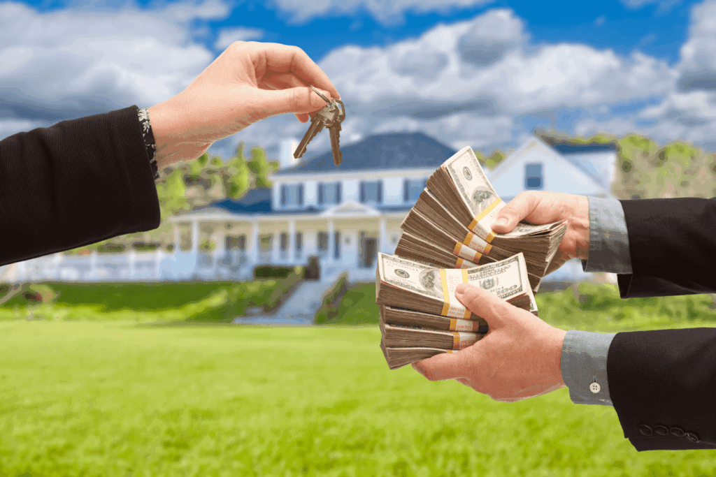 Person exchanging house keys for stacks of cash in front of a home