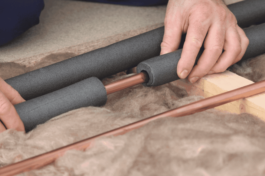 Person installing foam insulation around copper pipes