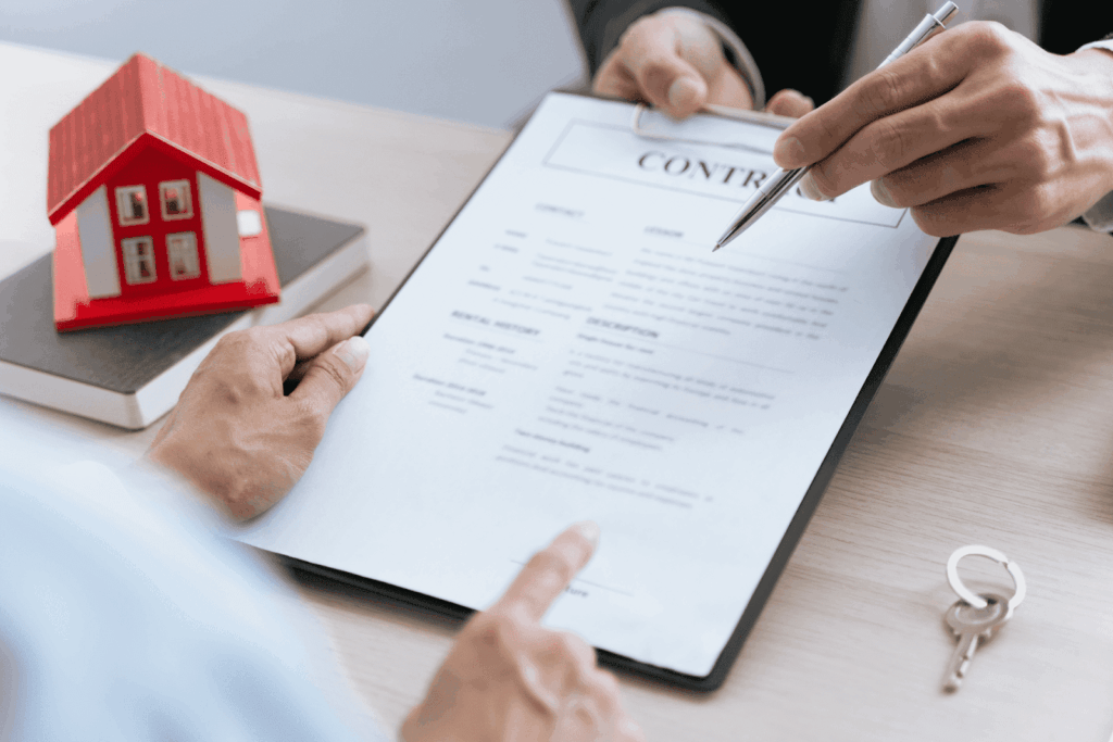 Person reviewing and signing a real estate contract with house model nearby