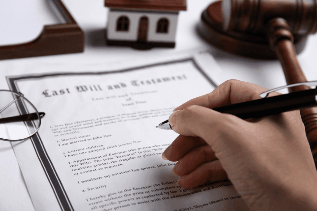 Person signing a last will and testament document with gavel and house model nearby