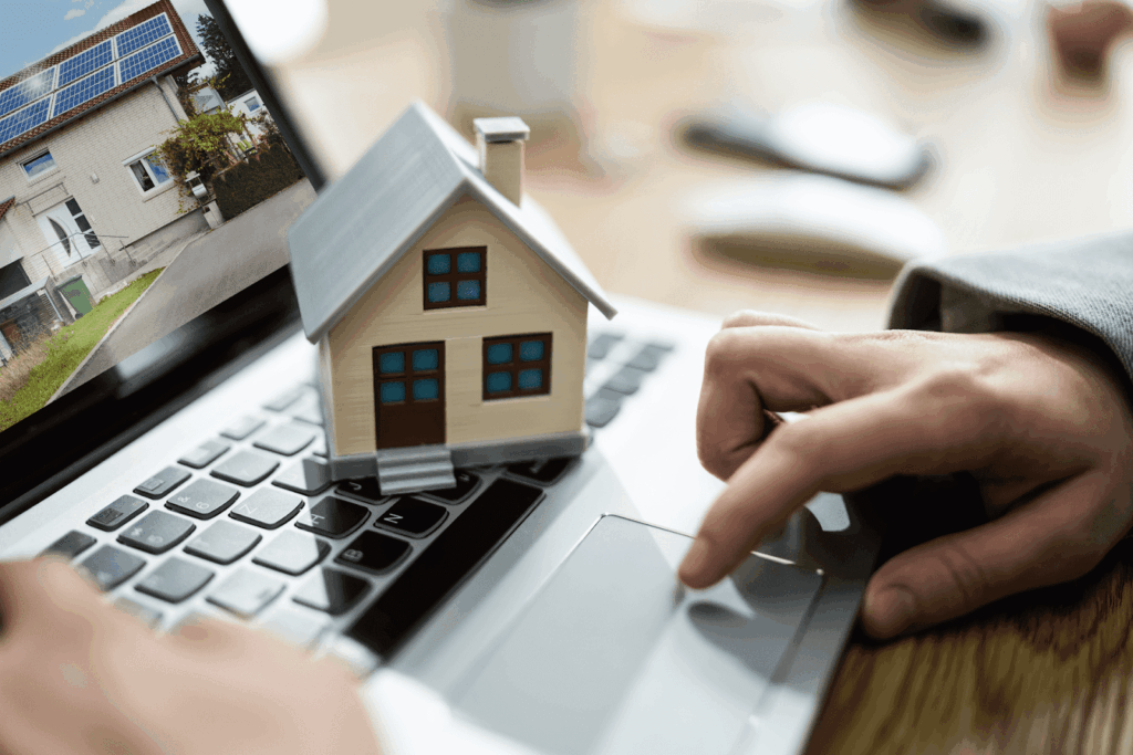 Person using laptop with small house model on keyboard and home photo on screen