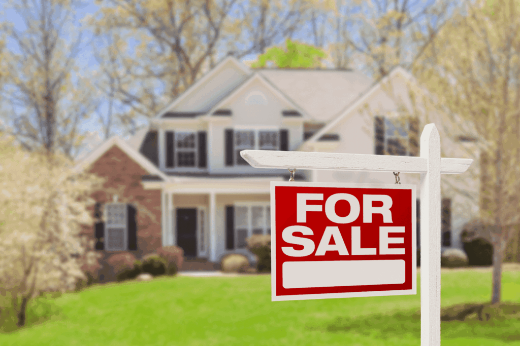 Red “For Sale” sign in front of a suburban house with green lawn and trees in the background.