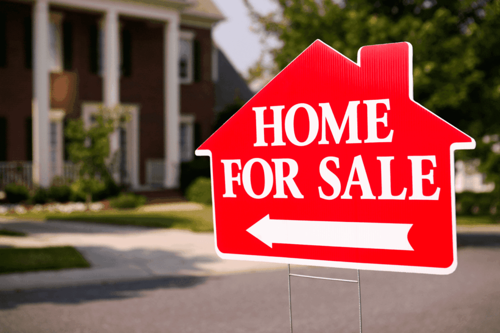 Red home for sale sign shaped like a house in front of a brick home.