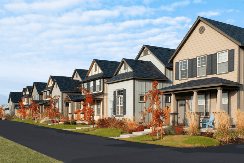 Row of modern suburban houses along a residential street.